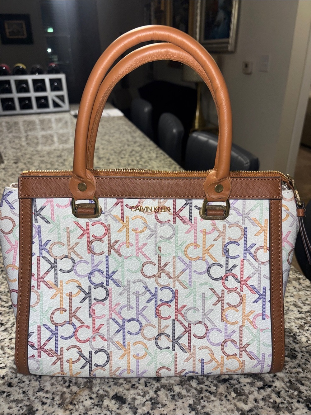 Calvin Klein Multicolor Monogram Satchel with Brown Trim